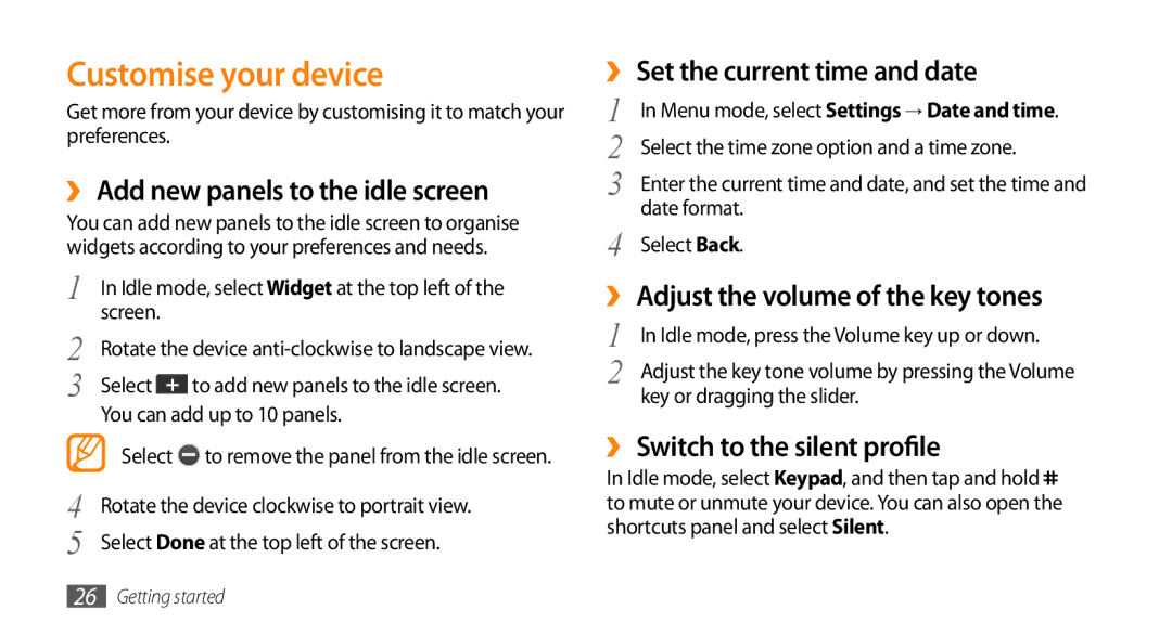 Samsung GT-S5330FIASER manual Customise your device, ›› Add new panels to the idle screen, ›› Set the current time and date 