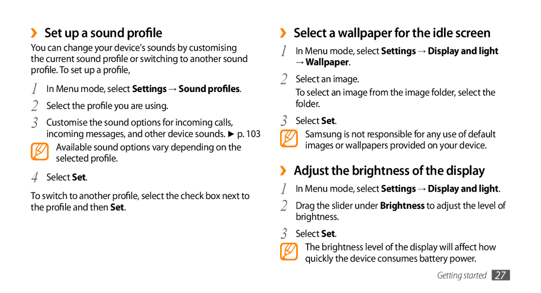 Samsung GT-S5330HKASER, GT-S5330CWADBT ›› Set up a sound profile, ›› Select a wallpaper for the idle screen, → Wallpaper 