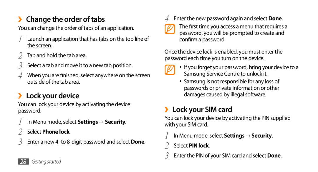 Samsung GT-S5330CWADBT manual ›› Change the order of tabs, ›› Lock your device, ›› Lock your SIM card, Select Phone lock 