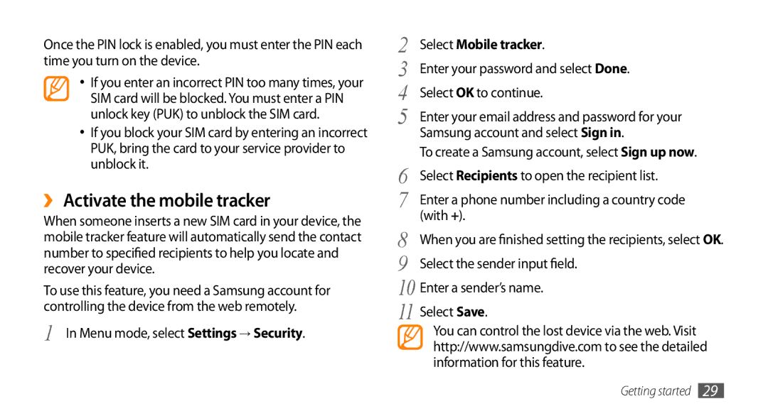 Samsung GT-S5330CWAVIA manual ›› Activate the mobile tracker, Menu mode, select Settings → Security, Select Mobile tracker 