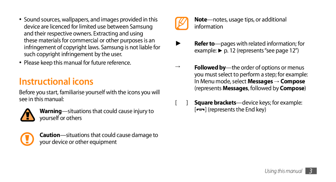 Samsung GT-S5330HKAEPL, GT-S5330CWADBT, GT-S5330CWAVIA Instructional icons, Please keep this manual for future reference 