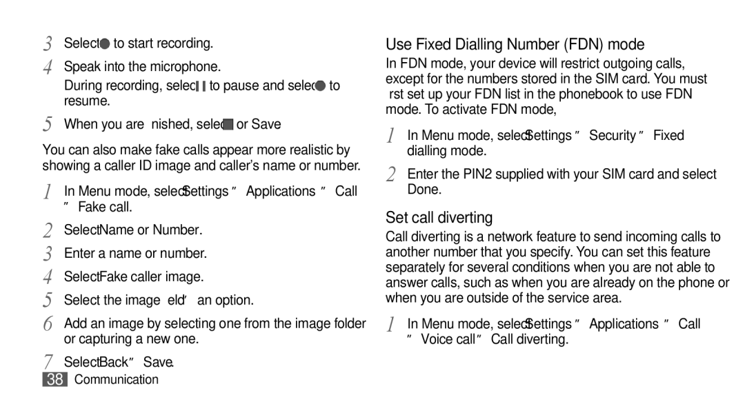 Samsung GT-S5330HKAVIM, GT-S5330CWADBT, GT-S5330CWAVIA manual Use Fixed Dialling Number FDN mode, Set call diverting 