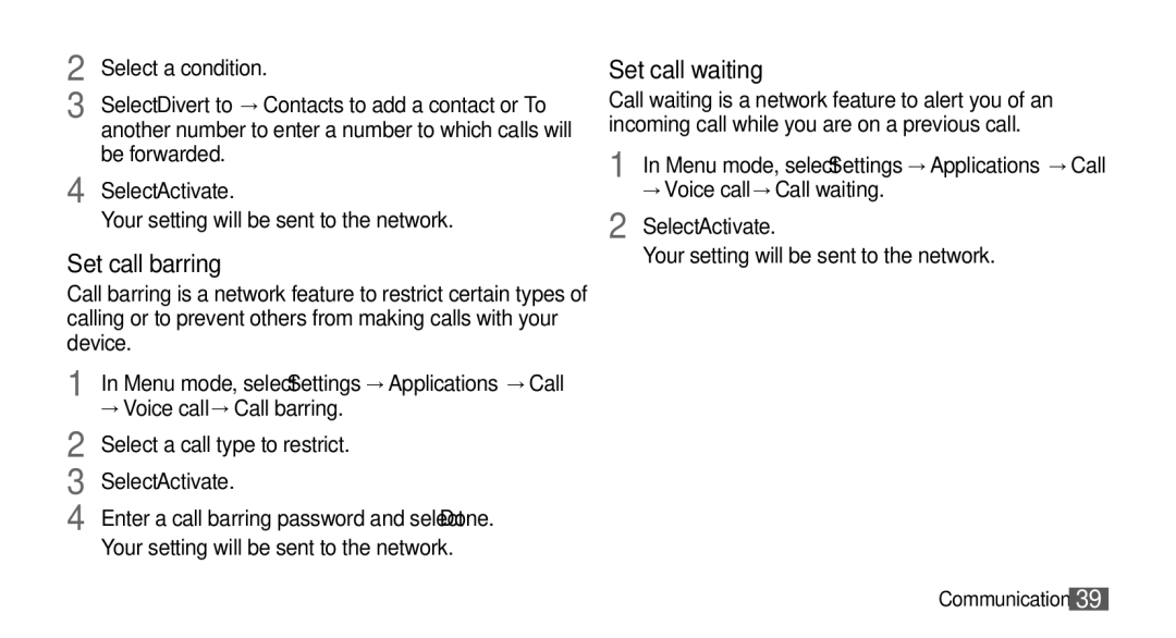 Samsung GT-S5330CWAEUS manual Set call barring, Set call waiting, → Voice call → Call barring, → Voice call → Call waiting 