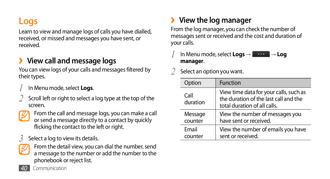 Samsung GT-S5330FIAEUS, GT-S5330CWADBT manual Logs, ›› View call and message logs, ›› View the log manager, → Log, Manager 