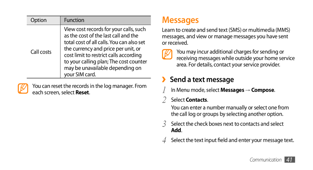 Samsung GT-S5330HKATPH, GT-S5330CWADBT manual Messages, ›› Send a text message, Option Function, Call costs, Your SIM card 