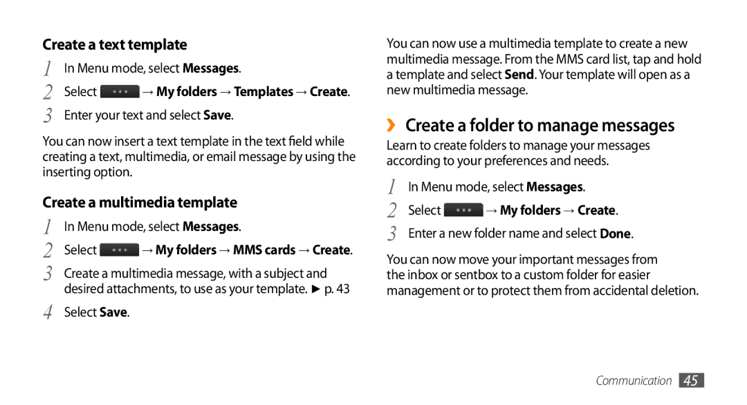 Samsung GT-S5330CWAFOP manual ›› Create a folder to manage messages, Create a text template, Create a multimedia template 