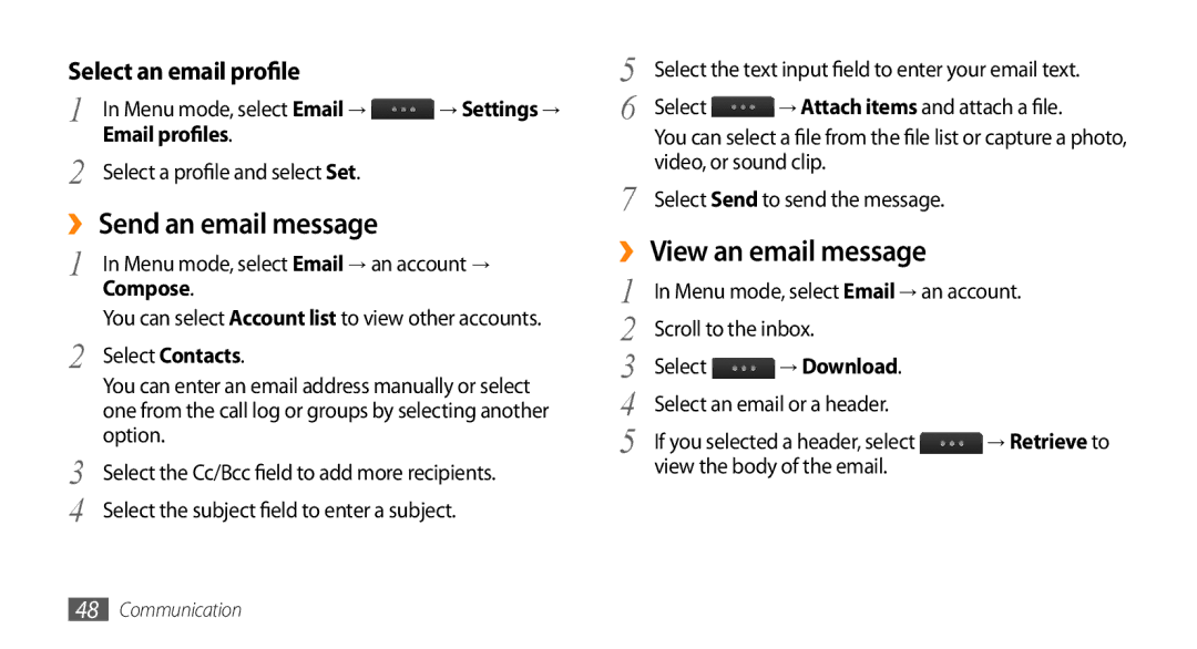 Samsung GT-S5330HKAPRT, GT-S5330CWADBT manual ›› Send an email message, ›› View an email message, Select an email profile 