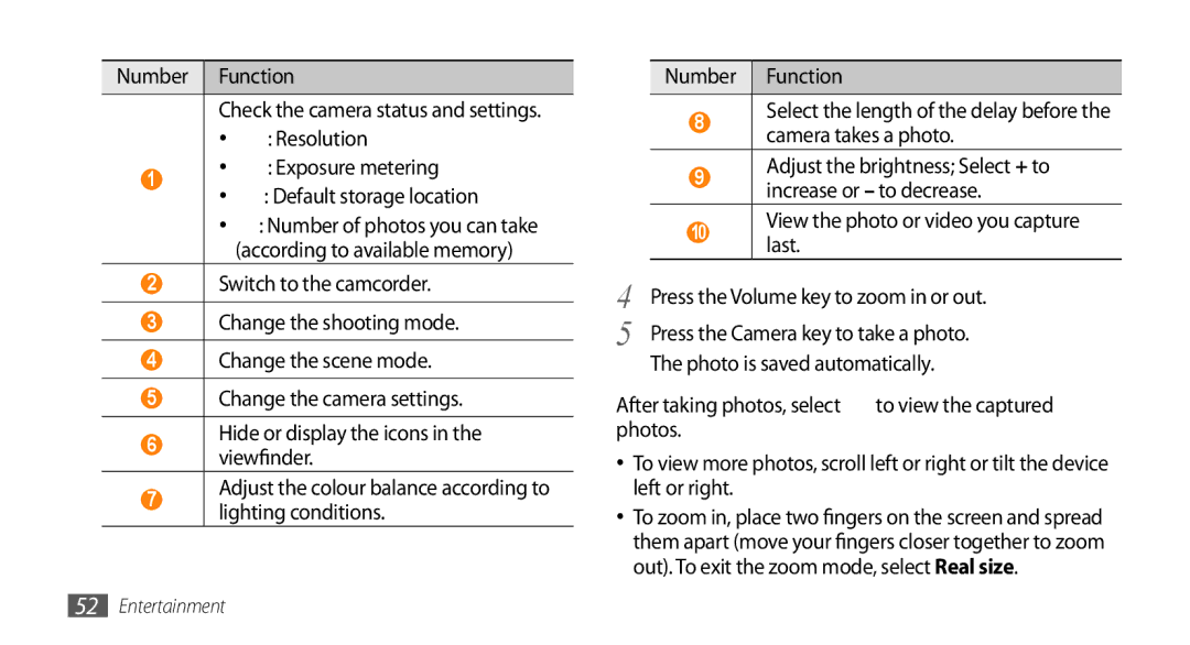 Samsung GT-S5330HKAXEO, GT-S5330CWADBT manual Number Function, Resolution Exposure metering Default storage location 