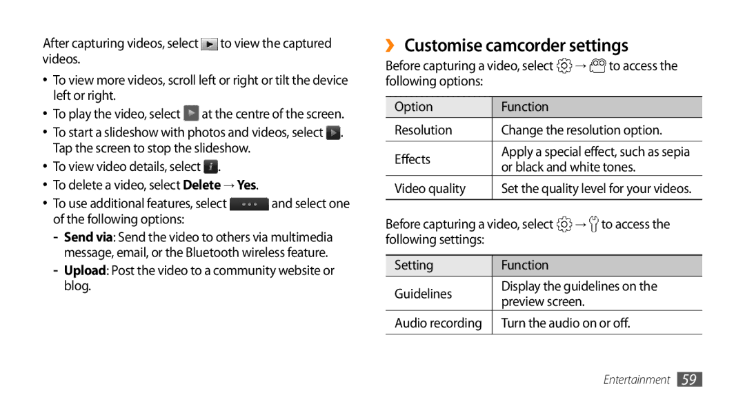 Samsung GT-S5330HKAEPL manual ›› Customise camcorder settings, Upload Post the video to a community website or blog 