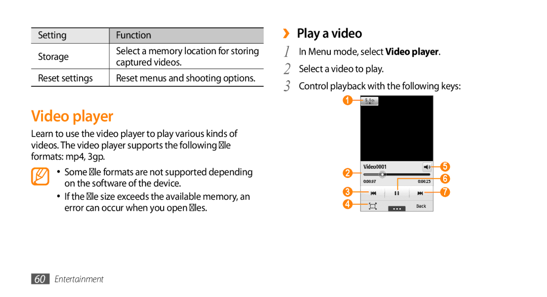 Samsung GT-S5330HKAVIA, GT-S5330CWADBT manual Video player, ›› Play a video, Setting Function Storage, Captured videos 