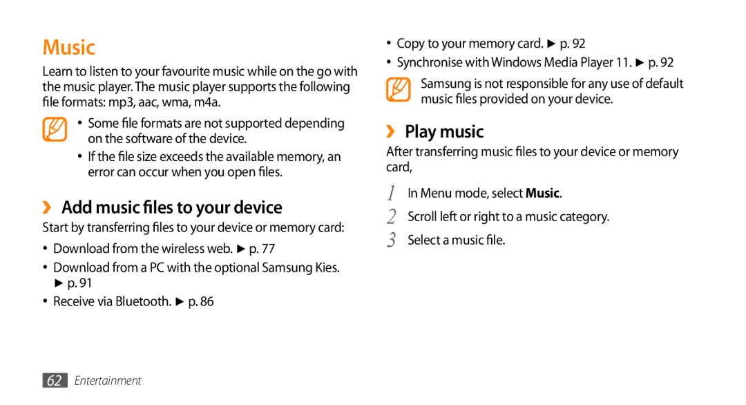 Samsung GT-S5330HKAXEF, GT-S5330CWADBT manual Music, ›› Add music files to your device, ›› Play music, Select a music file 