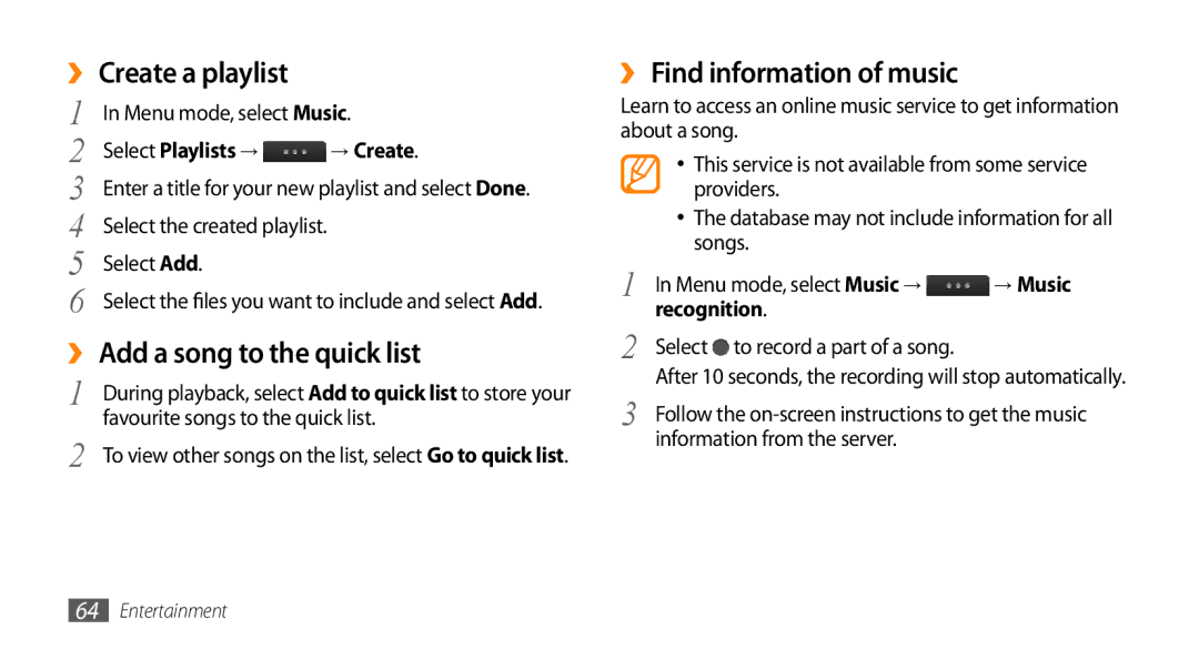 Samsung GT-S5330HKACIT, GT-S5330CWADBT ›› Create a playlist, ›› Add a song to the quick list, ›› Find information of music 