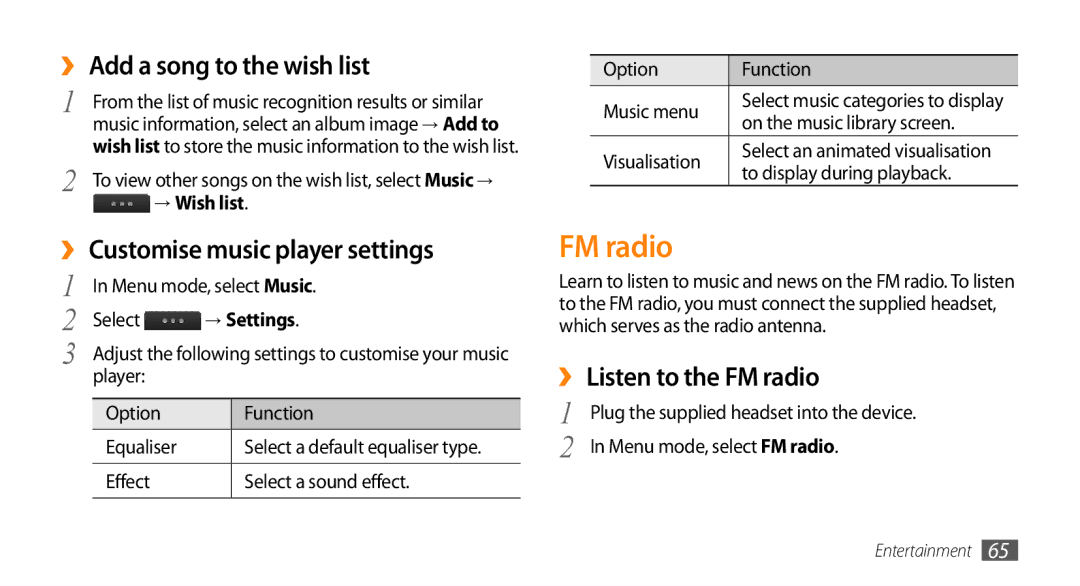 Samsung GT-S5330HKAOMN, GT-S5330CWADBT manual FM radio, ›› Add a song to the wish list, ›› Customise music player settings 