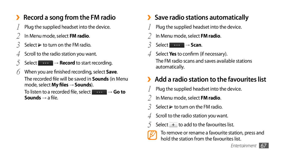 Samsung GT-S5330CWAEUS, GT-S5330CWADBT manual Record a song from the FM radio, ›› Save radio stations automatically, → Scan 