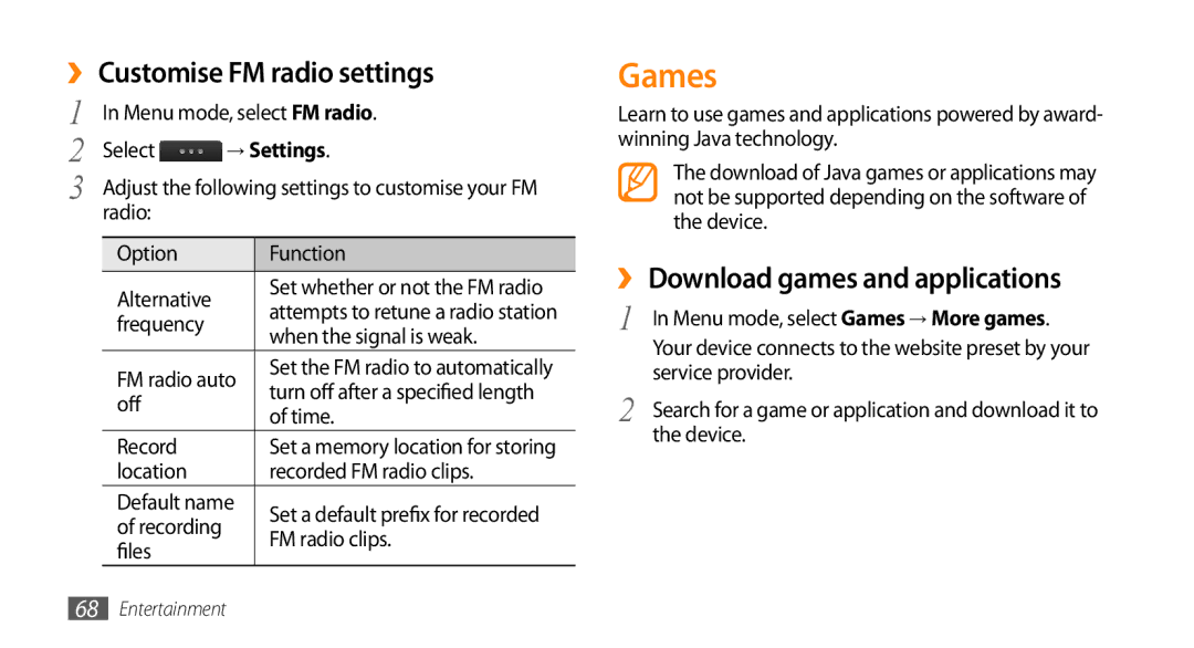 Samsung GT-S5330FIAEUS, GT-S5330CWADBT manual Games, ›› Customise FM radio settings, ›› Download games and applications 