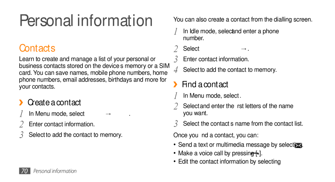 Samsung GT-S5330FIAFOP, GT-S5330CWADBT, GT-S5330CWAVIA, GT-S5330HKADBT manual Contacts, ›› Create a contact, ›› Find a contact 