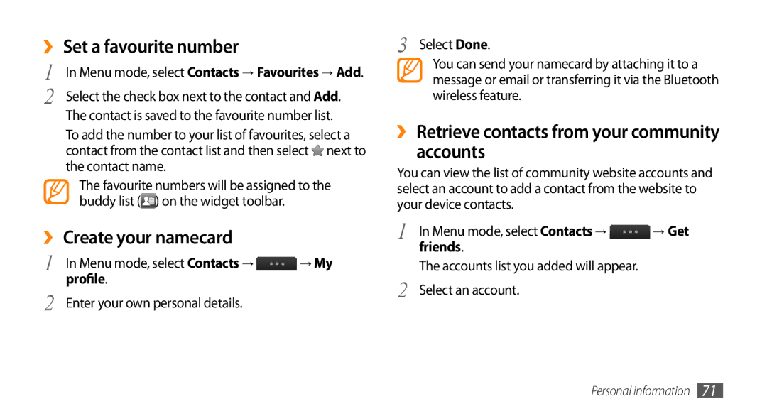 Samsung GT-S5330HKAEUS, GT-S5330CWADBT manual ›› Set a favourite number, ›› Create your namecard, Accounts, Profile, Friends 