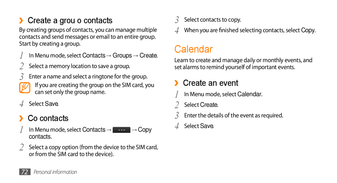 Samsung GT-S5330HKAFOP, GT-S5330CWADBT manual Calendar, ›› Create a group of contacts, ›› Copy contacts, ›› Create an event 