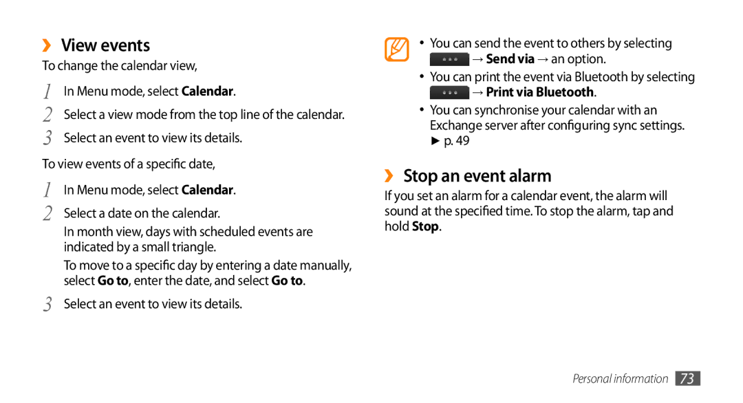 Samsung GT-S5330CWAFOP, GT-S5330CWADBT, GT-S5330CWAVIA manual ›› View events, ›› Stop an event alarm, → Print via Bluetooth 
