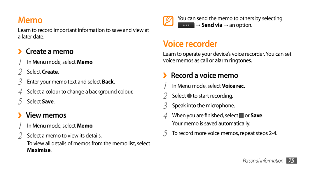 Samsung GT-S5330HKAXEZ, GT-S5330CWADBT manual Memo, Voice recorder, ›› Create a memo, ›› View memos, ›› Record a voice memo 