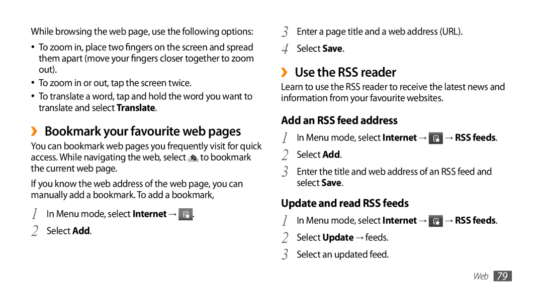 Samsung GT-S5330HKAPLS manual ›› Bookmark your favourite web pages, ›› Use the RSS reader, Add an RSS feed address 