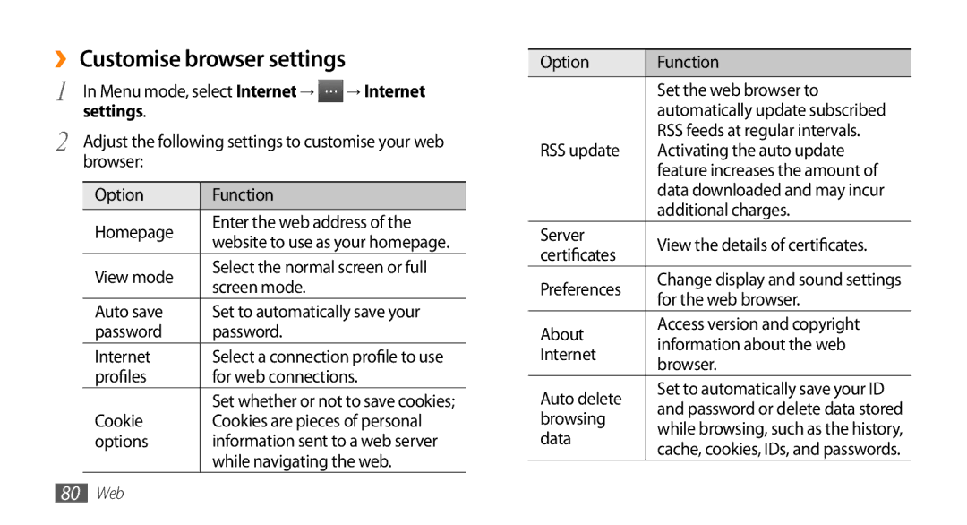 Samsung GT-S5330HKAXEO, GT-S5330CWADBT, GT-S5330CWAVIA, GT-S5330HKADBT manual ›› Customise browser settings, Settings 