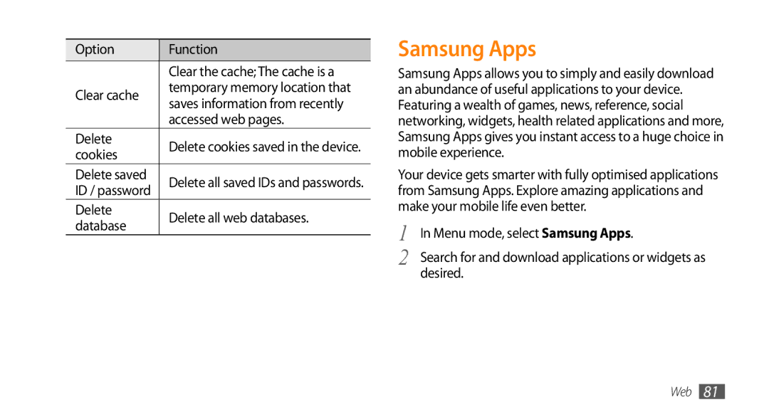 Samsung GT-S5330CWASER, GT-S5330CWADBT, GT-S5330CWAVIA, GT-S5330HKADBT, GT-S5330HKAEPL, GT-S5330HKAVIA manual Samsung Apps 