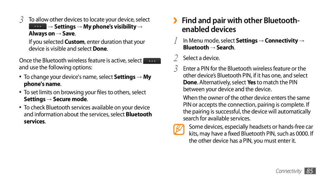 Samsung GT-S5330CWAVIA, GT-S5330CWADBT manual ›› Find and pair with other Bluetooth- enabled devices, Bluetooth → Search 