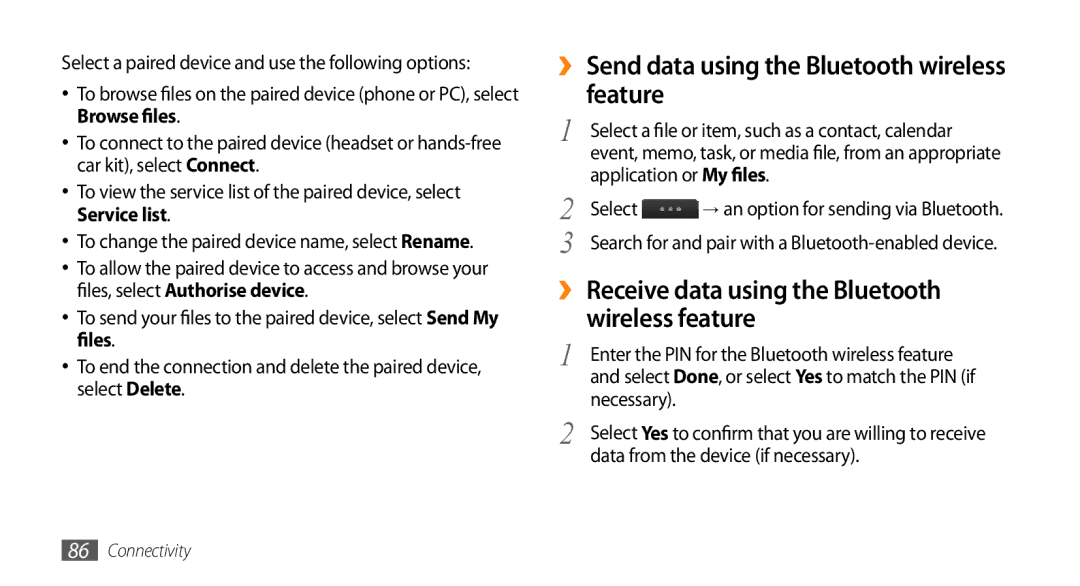 Samsung GT-S5330HKADBT manual ›› Send data using the Bluetooth wireless feature, Application or My files, Necessary 