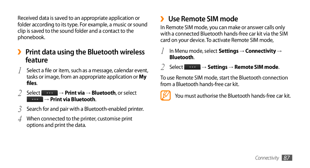 Samsung GT-S5330HKAEPL, GT-S5330CWADBT ›› Print data using the Bluetooth wireless feature, ›› Use Remote SIM mode, Files 