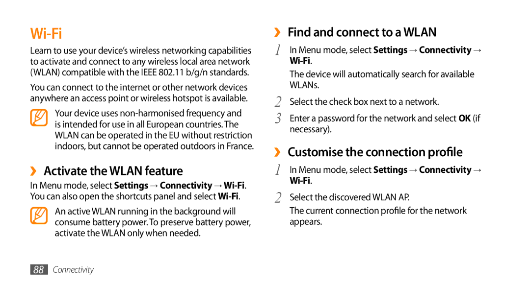 Samsung GT-S5330HKAVIA, GT-S5330CWADBT, GT-S5330CWAVIA Wi-Fi, ›› Activate the Wlan feature, ›› Find and connect to a Wlan 