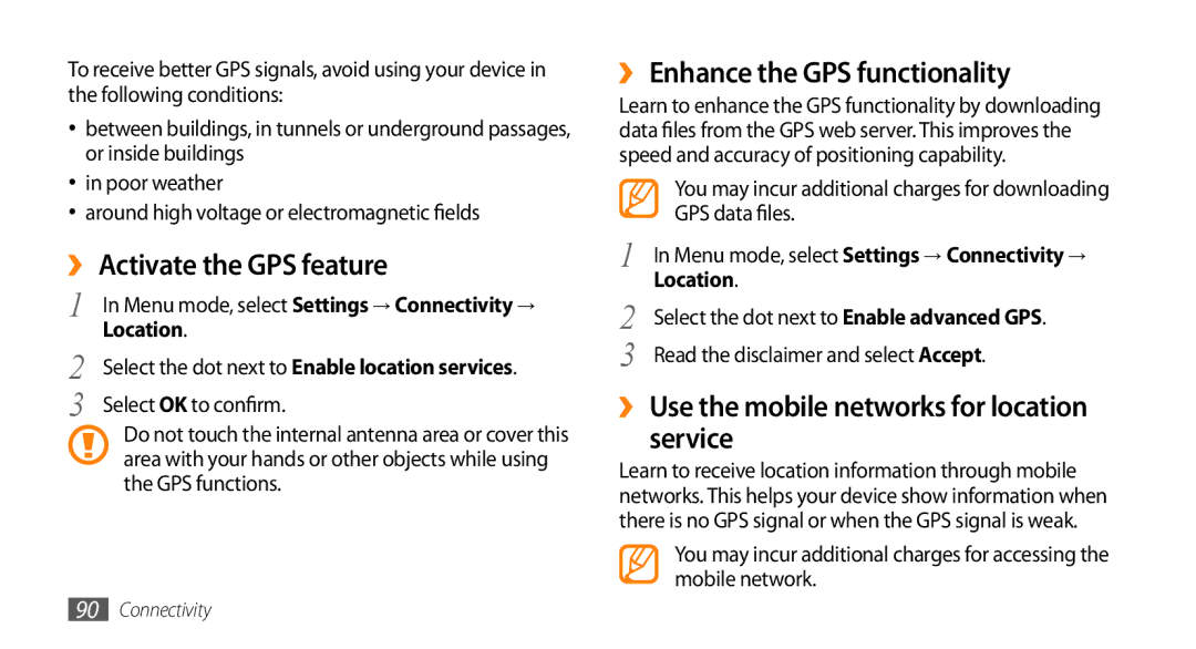 Samsung GT-S5330HKAXEF, GT-S5330CWADBT manual ›› Activate the GPS feature, ›› Enhance the GPS functionality, Location 