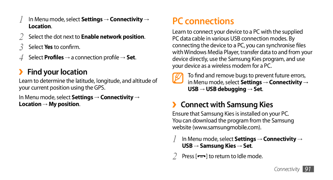 Samsung GT-S5330CWAXEF manual PC connections, ›› Find your location, ›› Connect with Samsung Kies, USB → Samsung Kies → Set 