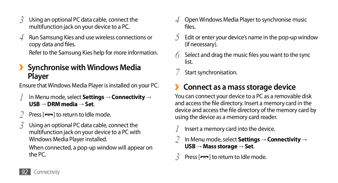 Samsung GT-S5330HKACIT, GT-S5330CWADBT manual ›› Synchronise with Windows Media Player, ›› Connect as a mass storage device 