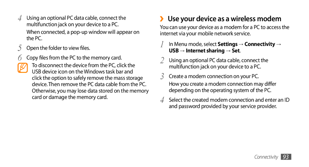 Samsung GT-S5330HKAOMN ›› Use your device as a wireless modem, Open the folder to view files, USB → Internet sharing → Set 