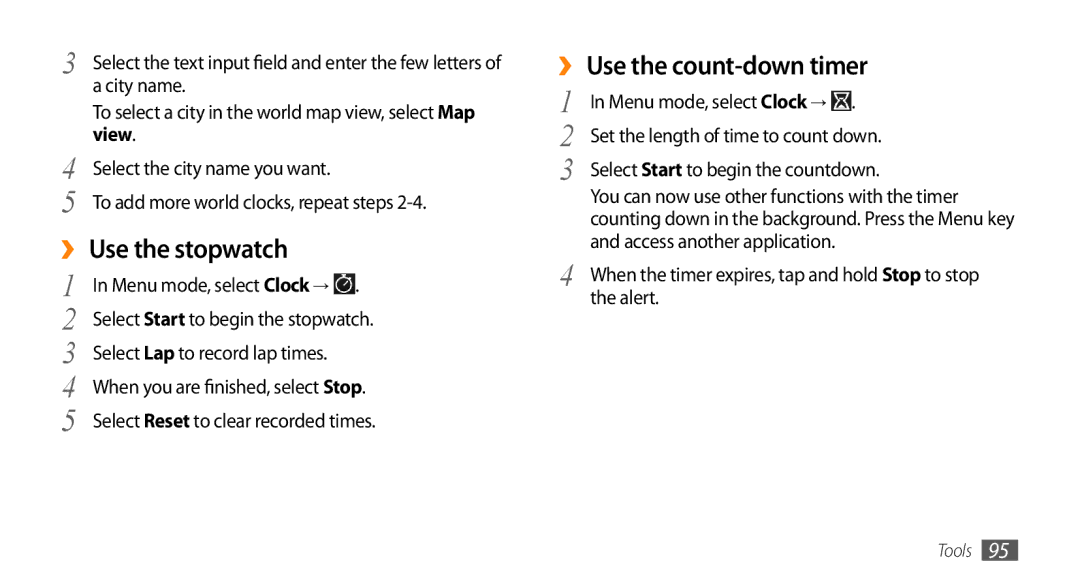 Samsung GT-S5330CWAEUS, GT-S5330CWADBT, GT-S5330CWAVIA manual ›› Use the stopwatch, ›› Use the count-down timer, View 