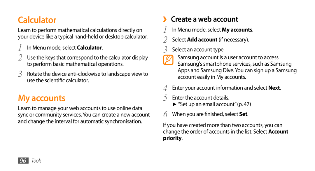 Samsung GT-S5330FIAEUS, GT-S5330CWADBT, GT-S5330CWAVIA, GT-S5330HKADBT manual Calculator, My accounts, ›› Create a web account 