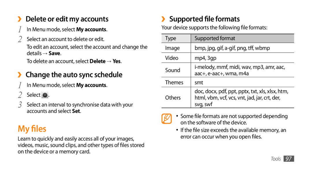 Samsung GT-S5330HKATPH, GT-S5330CWADBT manual My files, ›› Delete or edit my accounts, ›› Change the auto sync schedule 