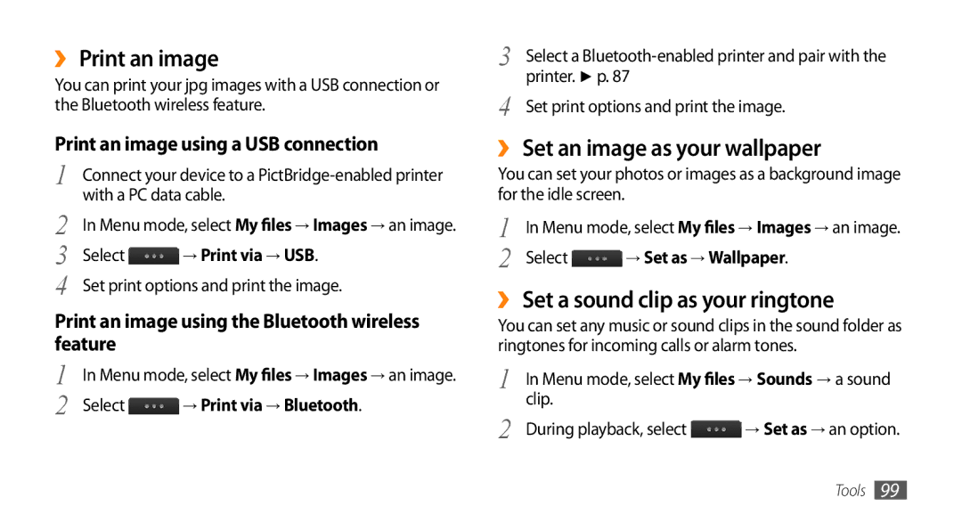 Samsung GT-S5330HKAEUS manual ›› Print an image, ›› Set an image as your wallpaper, ›› Set a sound clip as your ringtone 