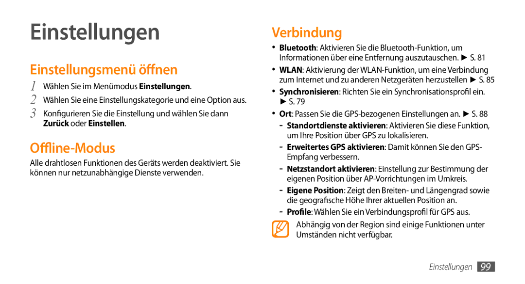 Samsung GT-S5330CWADBT manual Einstellungen, Einstellungsmenü öffnen, Offline-Modus, Verbindung, Zurück oder Einstellen 