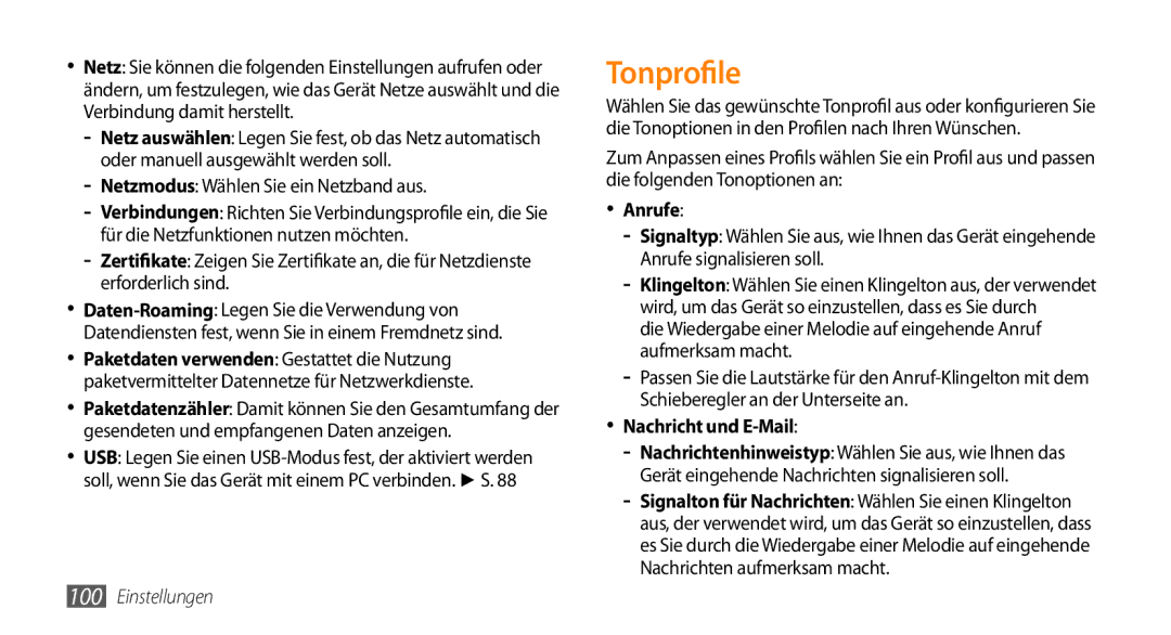 Samsung GT-S5330CWAVIA, GT-S5330CWADBT Tonprofile, Netzmodus Wählen Sie ein Netzband aus, Anrufe, Nachricht und E-Mail 