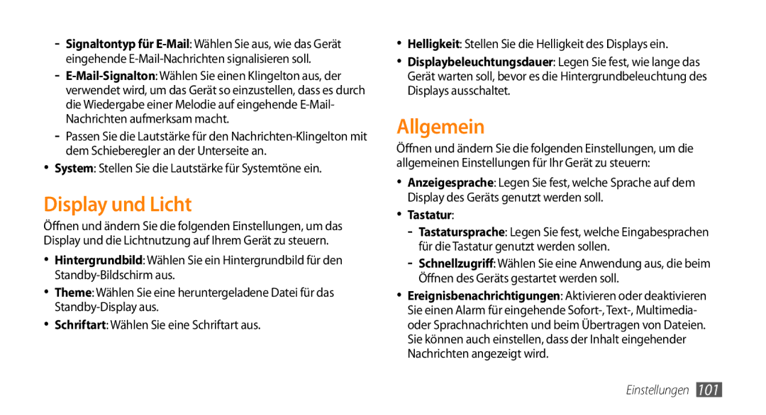 Samsung GT-S5330HKADBT manual Display und Licht, Allgemein, System Stellen Sie die Lautstärke für Systemtöne ein, Tastatur 