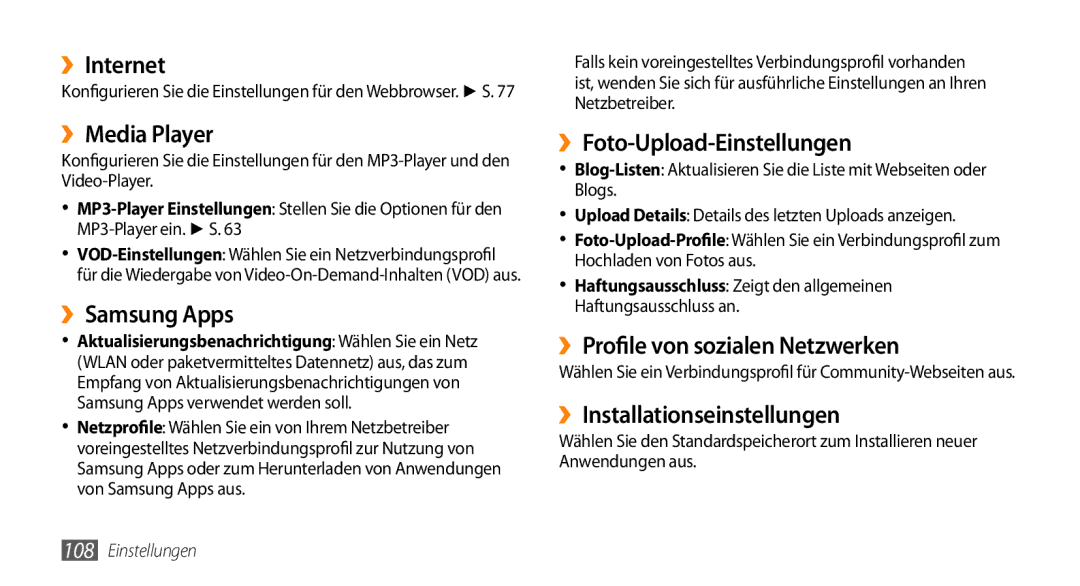 Samsung GT-S5330HKAVIA, GT-S5330CWADBT manual ››Internet, ››Media Player, ››Samsung Apps, ››Foto-Upload-Einstellungen 