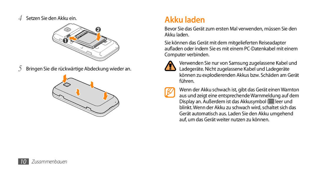 Samsung GT-S5330CWAVIA, GT-S5330CWADBT, GT-S5330HKADBT, GT-S5330HKAEPL, GT-S5330HKAVIA manual Akku laden 