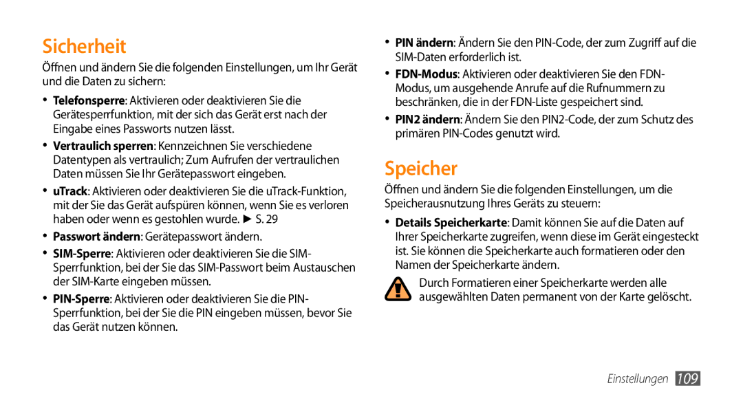 Samsung GT-S5330CWADBT, GT-S5330CWAVIA, GT-S5330HKADBT, GT-S5330HKAEPL, GT-S5330HKAVIA manual Sicherheit, Speicher 