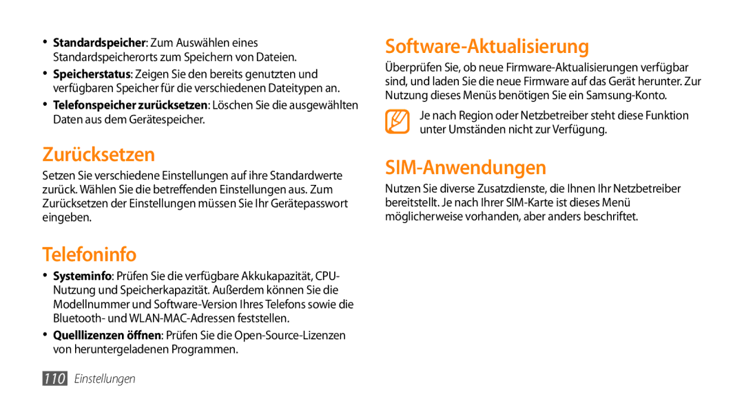 Samsung GT-S5330CWAVIA, GT-S5330CWADBT, GT-S5330HKADBT Zurücksetzen, Telefoninfo, Software-Aktualisierung, SIM-Anwendungen 