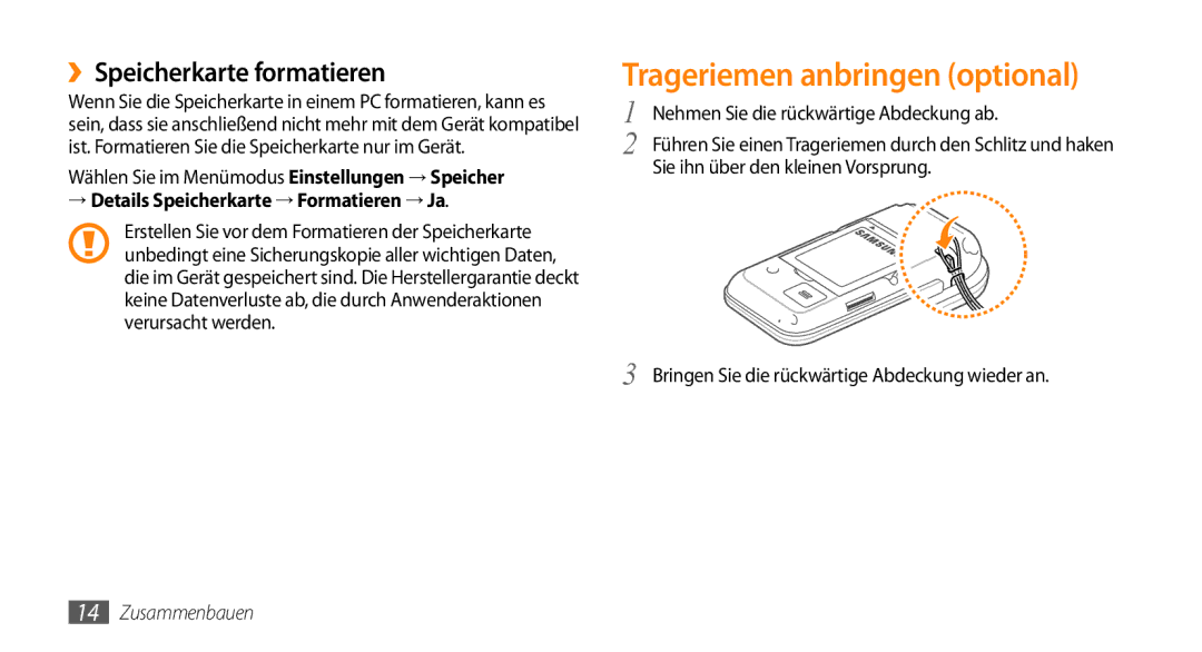 Samsung GT-S5330CWADBT, GT-S5330CWAVIA, GT-S5330HKADBT manual Trageriemen anbringen optional, ››Speicherkarte formatieren 