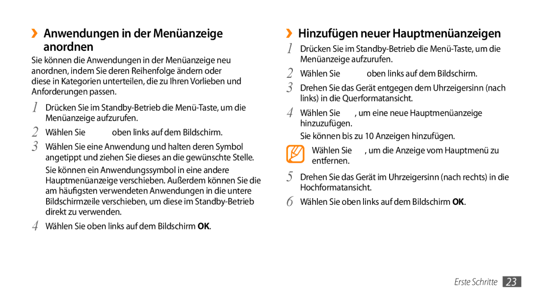 Samsung GT-S5330HKAVIA manual ››Anwendungen in der Menüanzeige anordnen, ››Hinzufügen neuer Hauptmenüanzeigen, Entfernen 