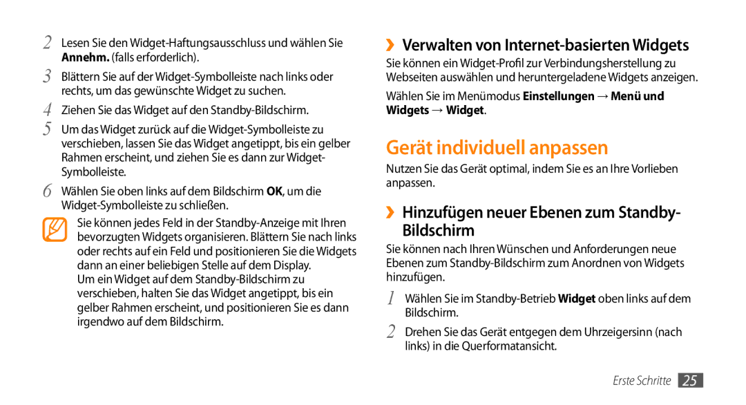 Samsung GT-S5330CWAVIA manual Gerät individuell anpassen, ››Verwalten von Internet-basierten Widgets, Widgets → Widget 
