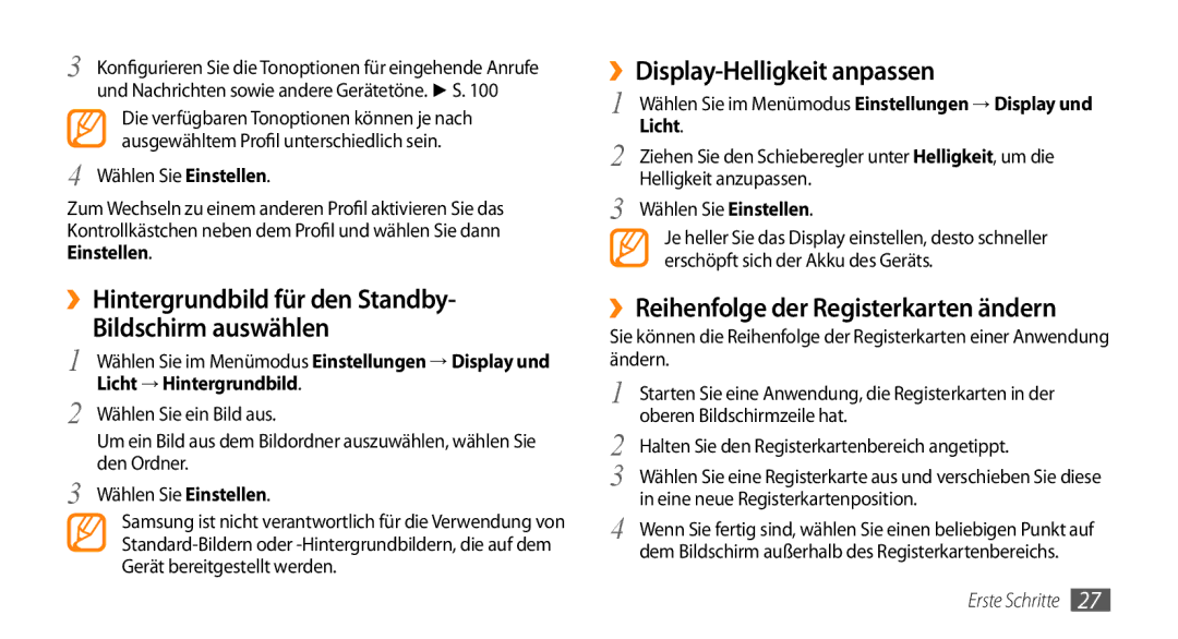 Samsung GT-S5330HKAEPL manual ››Hintergrundbild für den Standby Bildschirm auswählen, ››Display-Helligkeit anpassen, Licht 